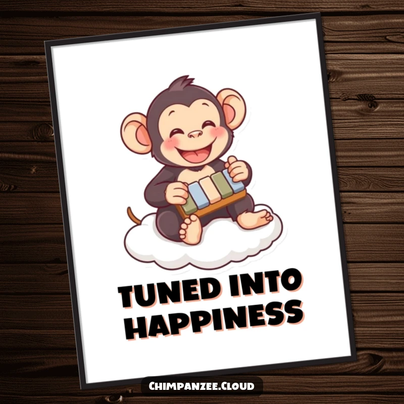 Funny chimpanzee poster playing a tiny xylophone on a cloud, a delightful piece of humorous art capturing musical joy for wall decor.