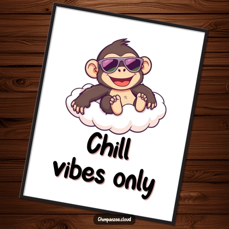 Funny poster print of a happy chimpanzee wearing sunglasses, sliding down a fluffy cloud, bringing a sense of joy and cool.