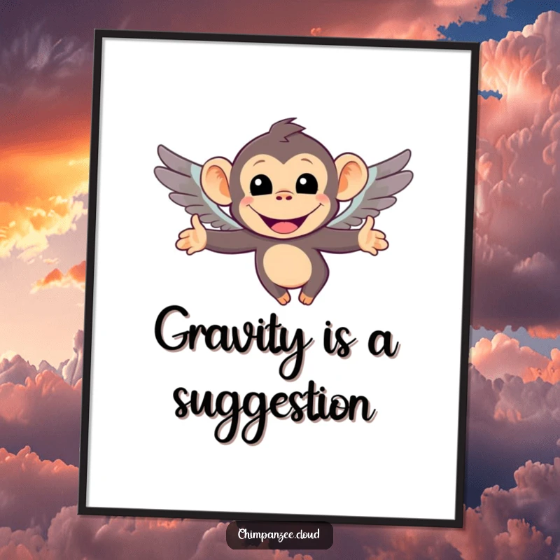 Funny poster depicting a smiling chimpanzee character with miniature wings, soaring with effort. A comical and vibrant piece of wall art.