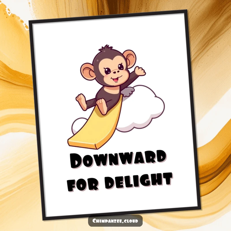 Funny playful chimpanzee poster sliding down a cloud like a slide, a humorous piece of art capturing the thrill of adventure and joy.