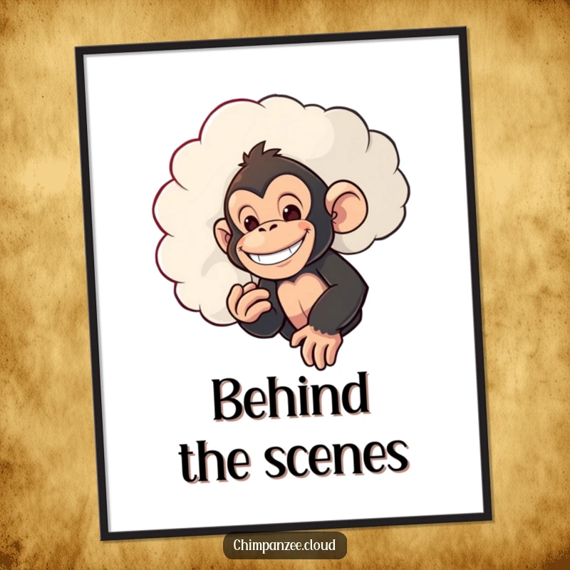 Funny poster print of a mischievous chimpanzee with a grin, peeking from behind a cloud, adding a playful and cheeky touch to decor.