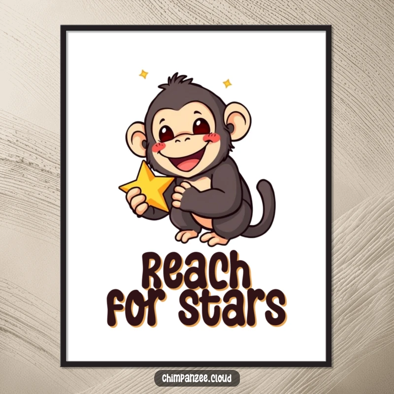 Funny poster print of a smiling chimpanzee with wide, delighted eyes, holding a star, adding a touch of joy to decor.