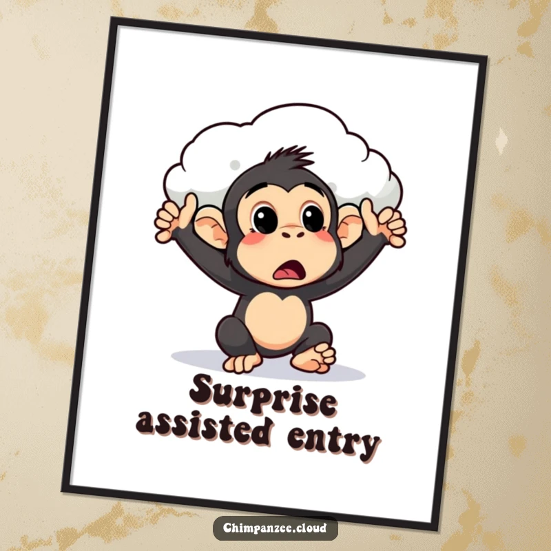 Funny surprised chimpanzee poster being gently pushed by a cloud, a humorous piece of art capturing a delightful and unexpected moment.