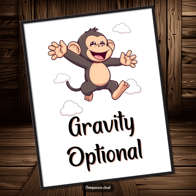 Funny bouncing chimp poster showing a joyful chimpanzee leaping between clouds, a delightful funny gift.