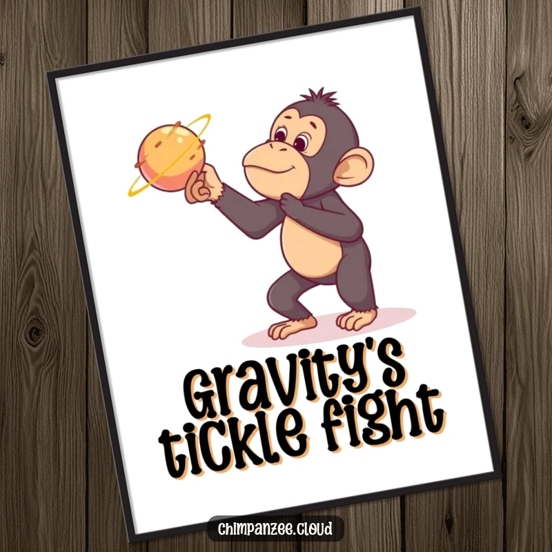 Funny chimpanzee poster, playfully tickling a passing comet, vibrant space art, humorous wall decor.