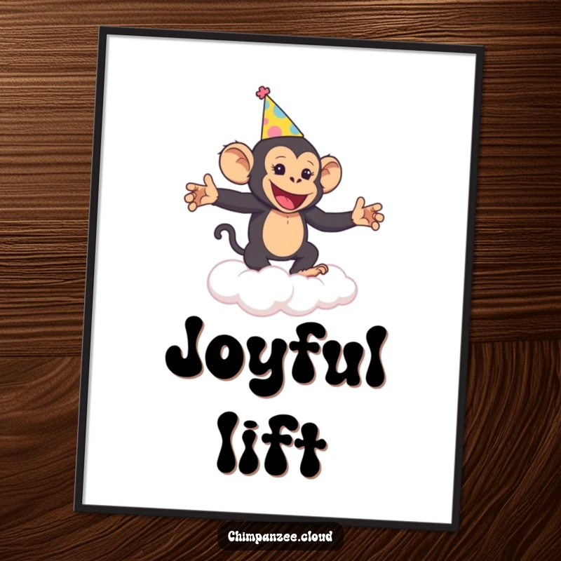 Funny Chimp Celebration Poster: A cheerful chimpanzee with a party hat dances on a cloud, radiating pure, humorous joy.