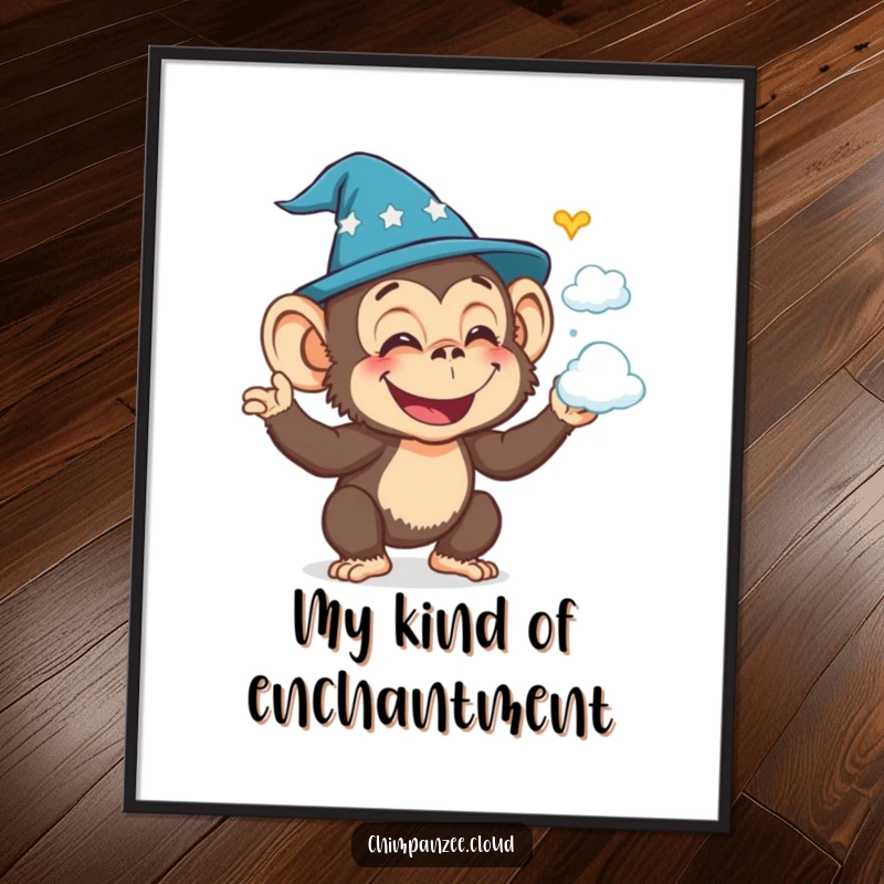Funny chimpanzee wizard conjuring cloud shapes, joyful and magical wall art for enchanted rooms.