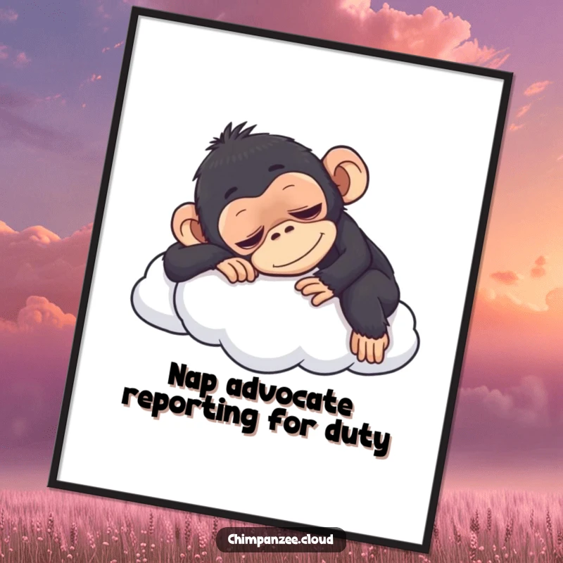 Funny chimpanzee blissfully napping on a soft cloud, humorous wall art that evokes peace and laughter, a great gift.