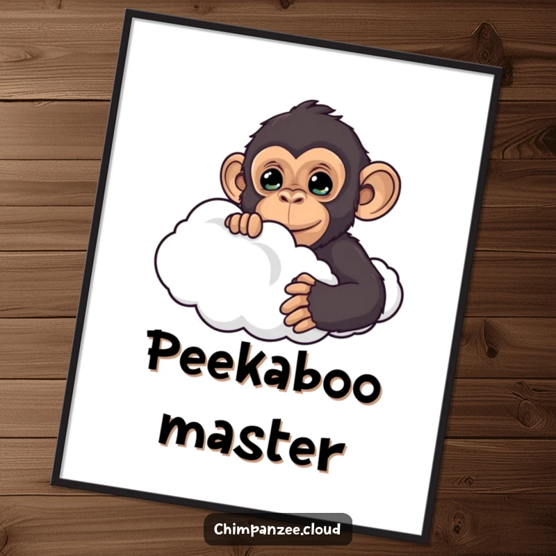 Funny illustration of a chimpanzee peeking from behind a fluffy cloud, creating a whimsical and humorous wall art piece.