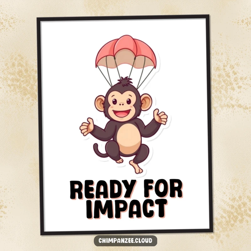 Funny poster showcasing a playful chimpanzee character floating down safely with a tiny parachute. A humorous and charming illustration.