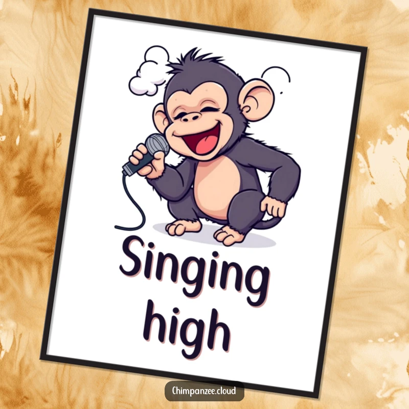 Funny Chimp Rockstar Poster: A playful chimpanzee sings into a cloud with a tiny microphone, exuding humorous musical talent.