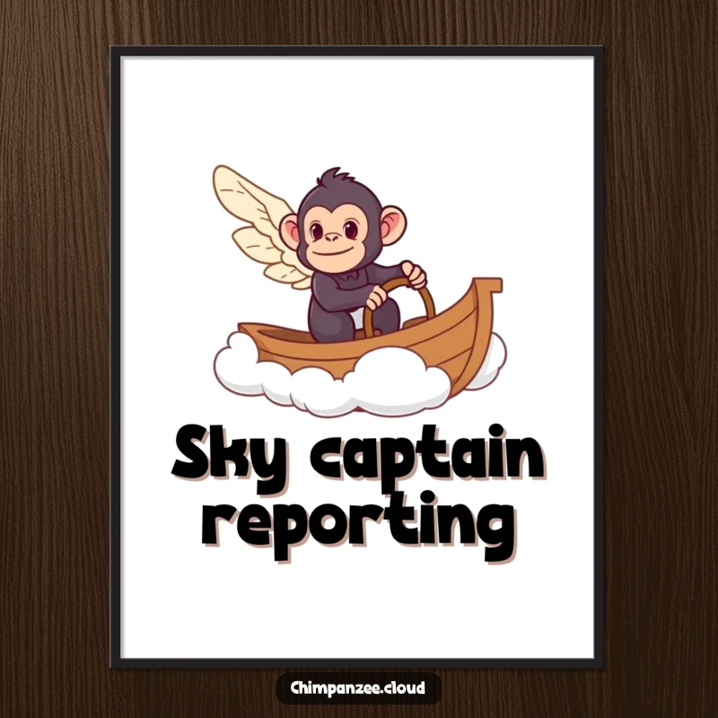 Funny illustration of a chimpanzee with wings steering a boat made of clouds, creating a whimsical and humorous wall art piece.