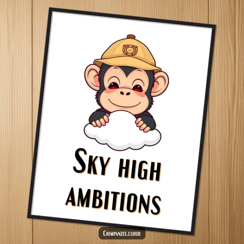 Funny poster print of a cute chimpanzee in an explorer hat, peeking over a cloud, adding a touch of whimsical charm to decor.