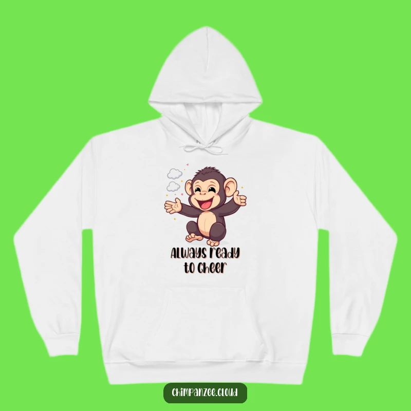 Funny Chimp Cheer Hoodie: Cozy Happy Chimpanzee, Cloud Confetti Warmth, Perfect Funny Gift!