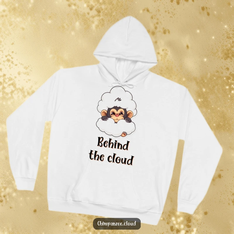 Funny and warm hoodie featuring a mischievous chimpanzee hiding behind a soft, fluffy cloud, a cozy and playful piece.