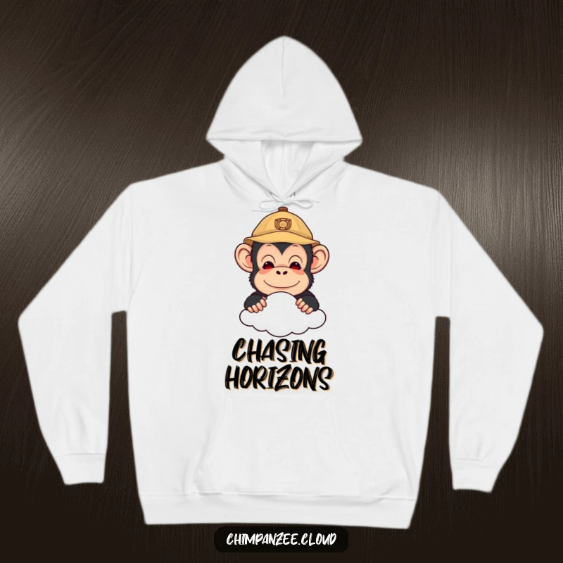 Funny hoodie showcasing a cute chimpanzee in an explorer hat, peeking over a cloud, perfect for cozy and adventurous moments.