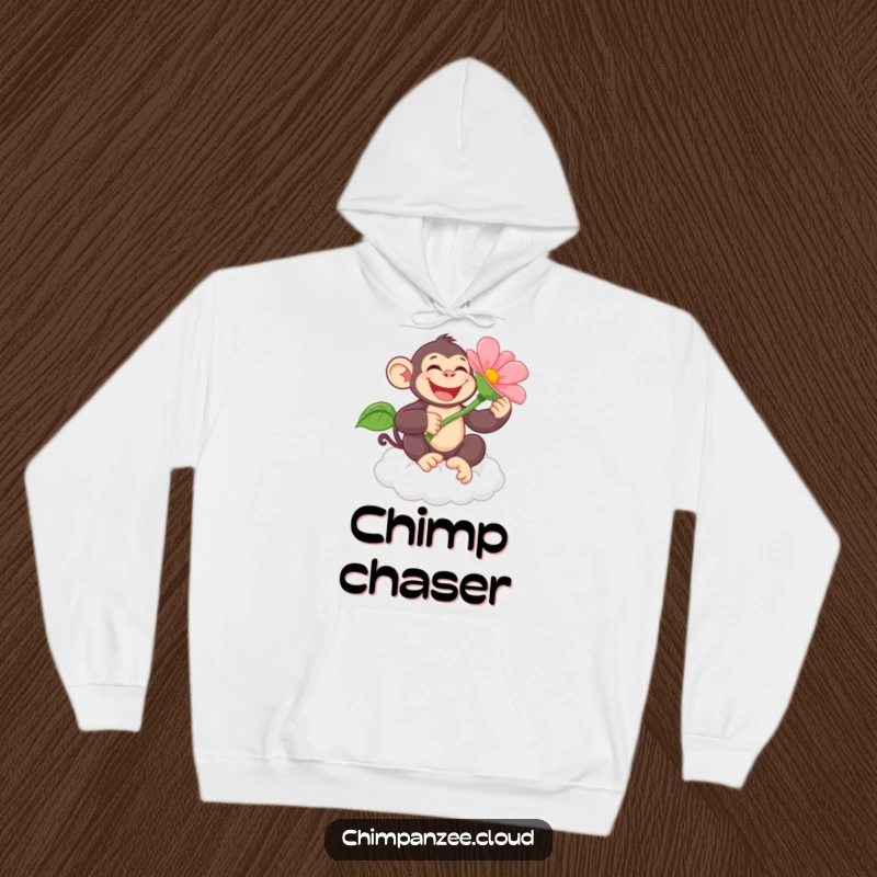 Funny chimpanzee character holding a giant flower while perched on a cloud, offering cozy comfort and humorous charm in this hoodie.