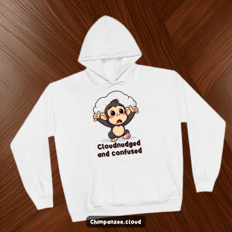 Funny surprised chimpanzee hoodie being softly pushed by a cloud, creating a cozy and humorous scene for comfortable wear.