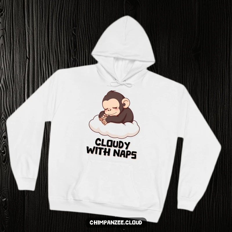 Funny sleeping chimp hoodie featuring a peaceful chimpanzee curled up on a cloud, great funny gift.