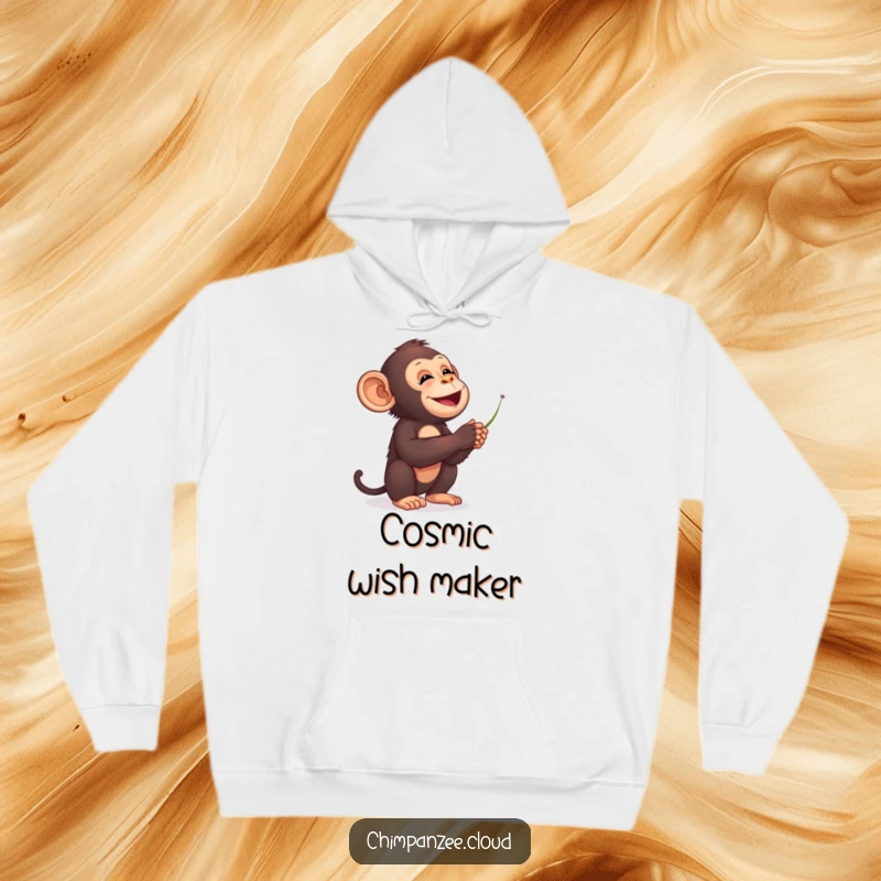 Funny chimpanzee hoodie, blowing dandelion seeds into a starry sky, cozy celestial design, comfortable and dreamy.