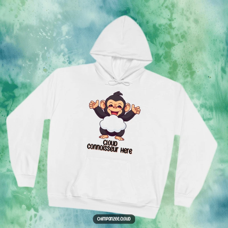 Funny delighted chimpanzee offering a cloud puff, a cozy and humorous hoodie for a funny gift.