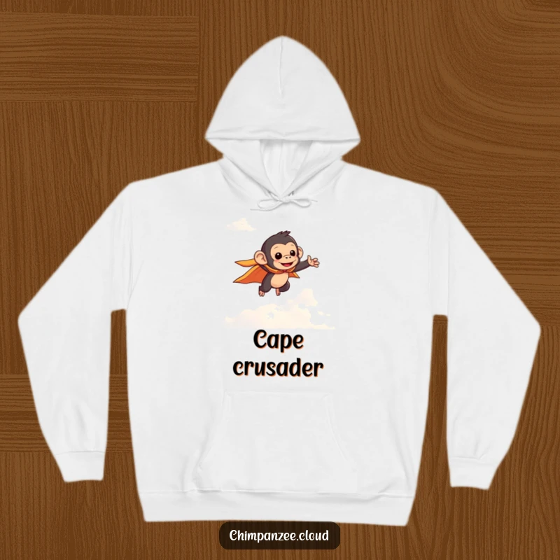 Funny chimpanzee in a small cape soaring through clouds, featured on a cozy hoodie for warm, heroic, and humorous lounging.