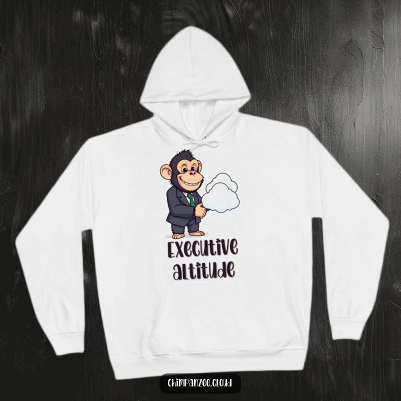 Funny Business Chimp Hoodie: A smiling chimpanzee in a suit seals a deal with a cloud, warm and humorous apparel.