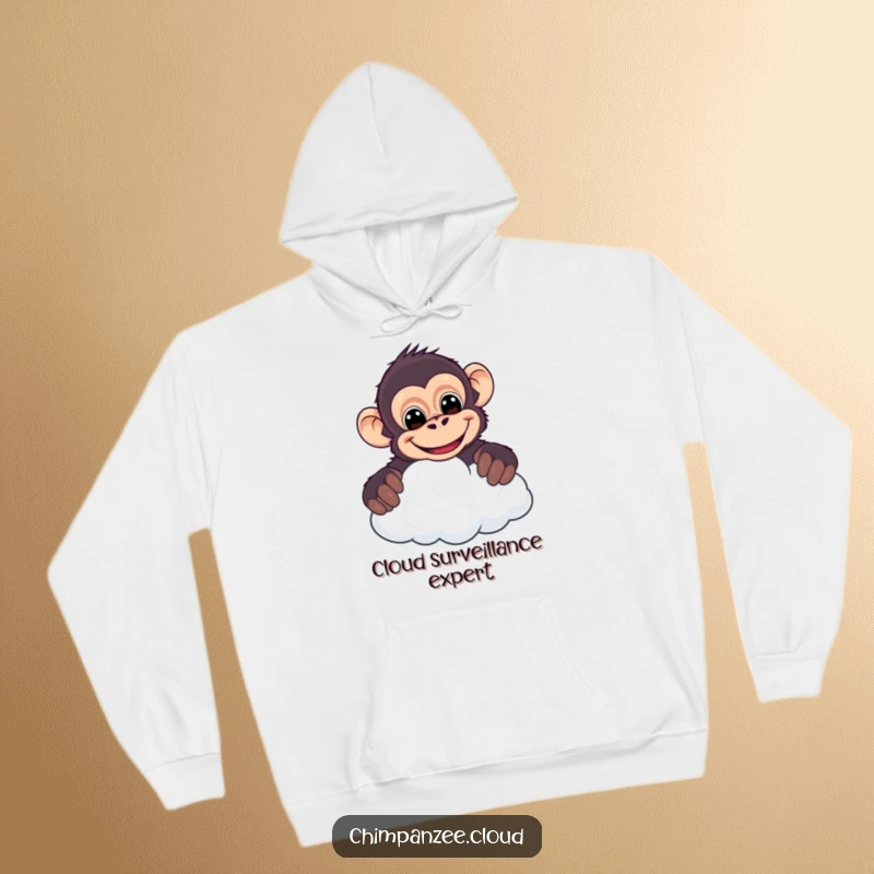 Funny chimpanzee hoodie, cheeky character peeking over a cloud with a wide grin, providing cozy and humorous vibes.