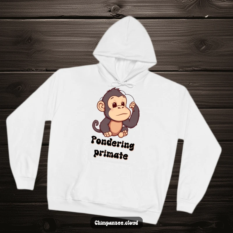 Funny Hoodie: A thoughtful chimpanzee mesmerized by a cloud's ethereal shape, inspiring wonder and introspection.