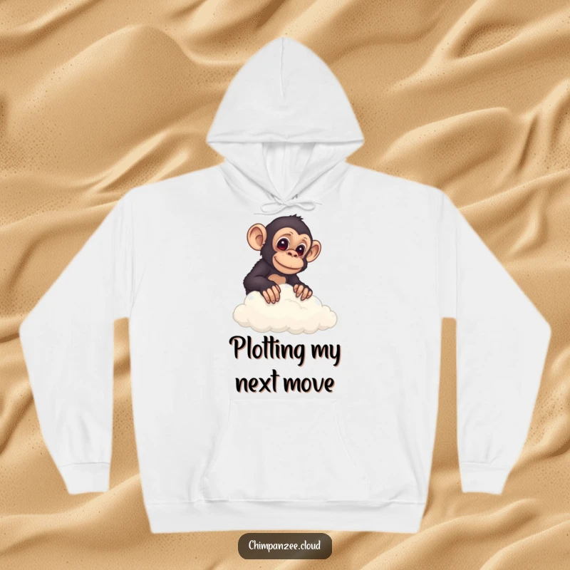 Funny chimp peeking over a cloud's edge, nestled cozily in a hoodie, embodying curiosity and comfort.