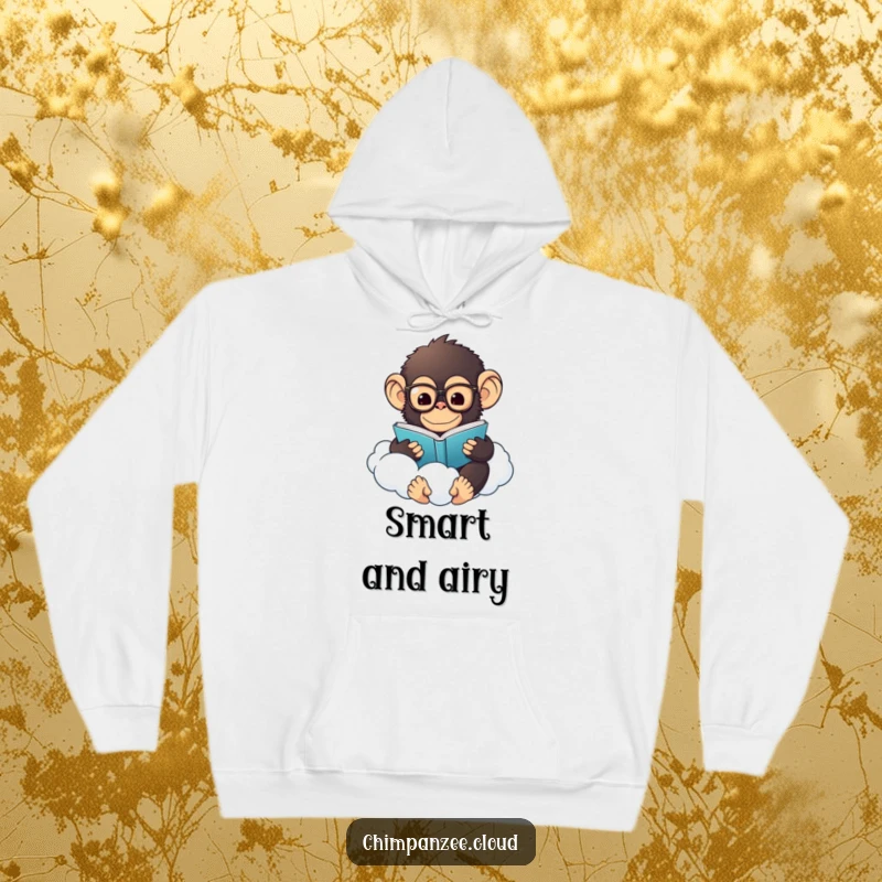 Funny Chimp Hoodie: A bespectacled fluffy chimp enjoys a book while floating on a cloud, offering cozy, humorous comfort.