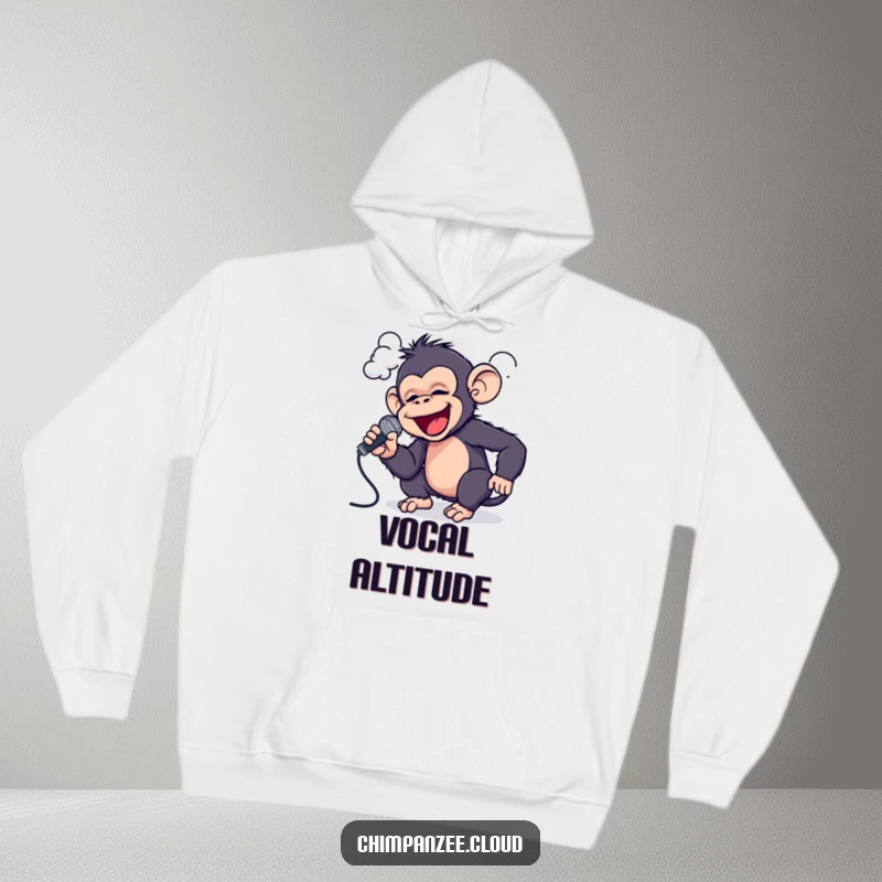 Funny Chimp Rockstar Hoodie: A playful chimpanzee sings into a cloud with a microphone, offering cozy, musical fun.