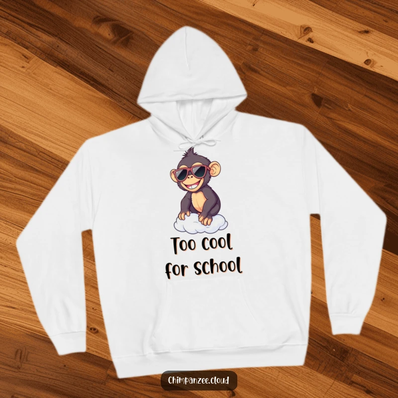 Funny chimp in sunglasses, perfectly balanced on a cloud, cozying up in a soft hoodie, radiating cool comfort.