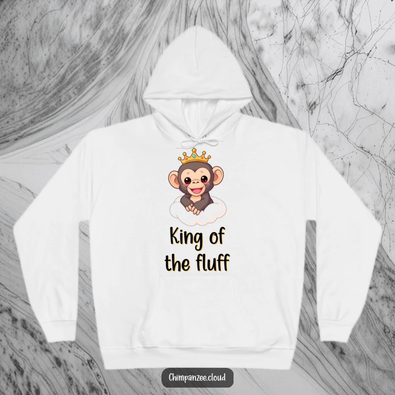 Funny Chimpanzee Hoodie: Adorable crowned chimp lounging on a fluffy cloud, radiating serene humor, a perfect funny gift.