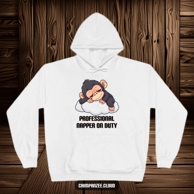 Funny chimpanzee asleep on a cloud, a cozy and humorous depiction of ultimate relaxation, perfect for a funny hoodie.