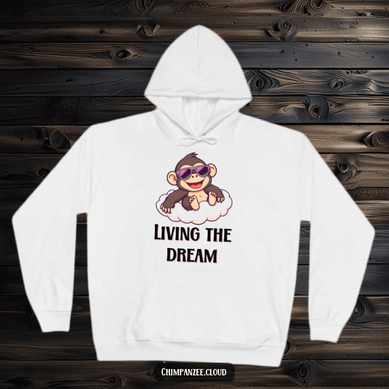 Funny hoodie featuring a happy chimpanzee wearing sunglasses, sliding down a cloud, embodying a fun and relaxed attitude.