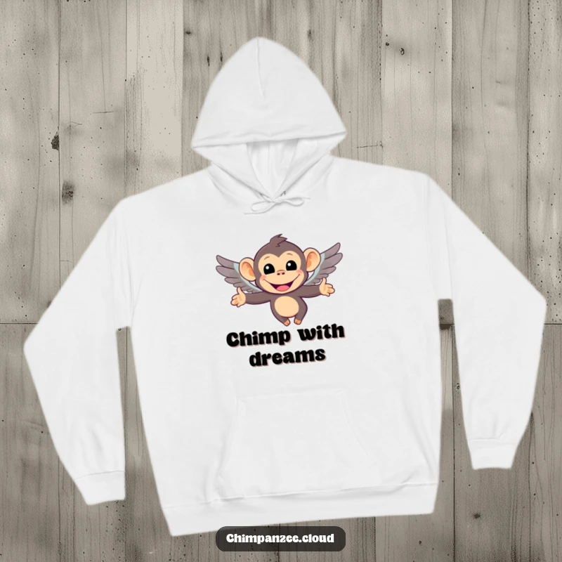 Funny hoodie showcasing a smiling chimpanzee character with tiny wings, looking determined to fly. A warm and humorous design for any occasion.