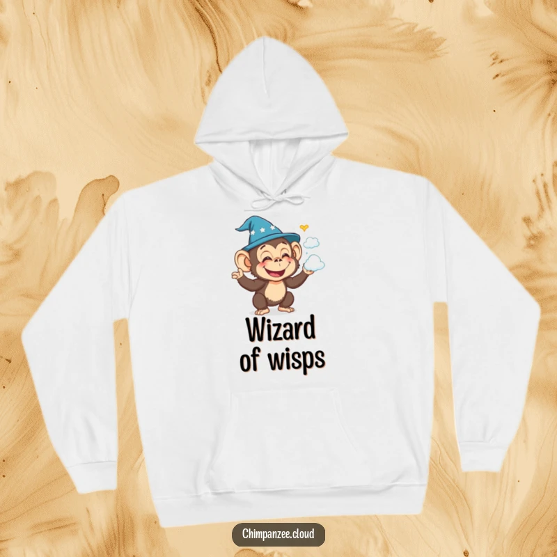 Funny chimpanzee wizard conjuring cloud shapes, cozy hoodie, embodying playful magic and warmth.