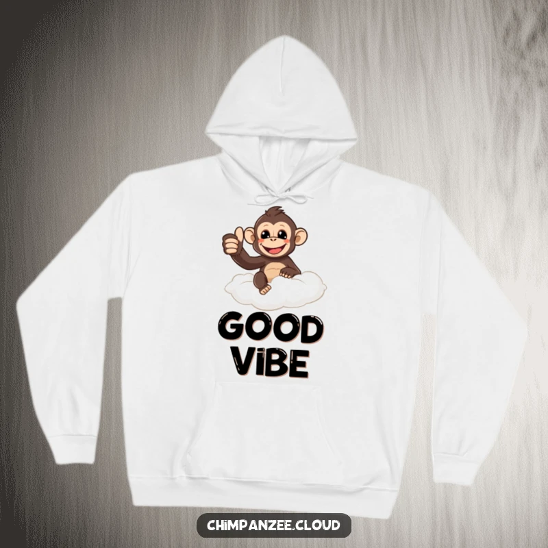 Funny chimpanzee giving a thumbs up from a soft cloud, featured on a cozy hoodie for warm, positive, and humorous wear.