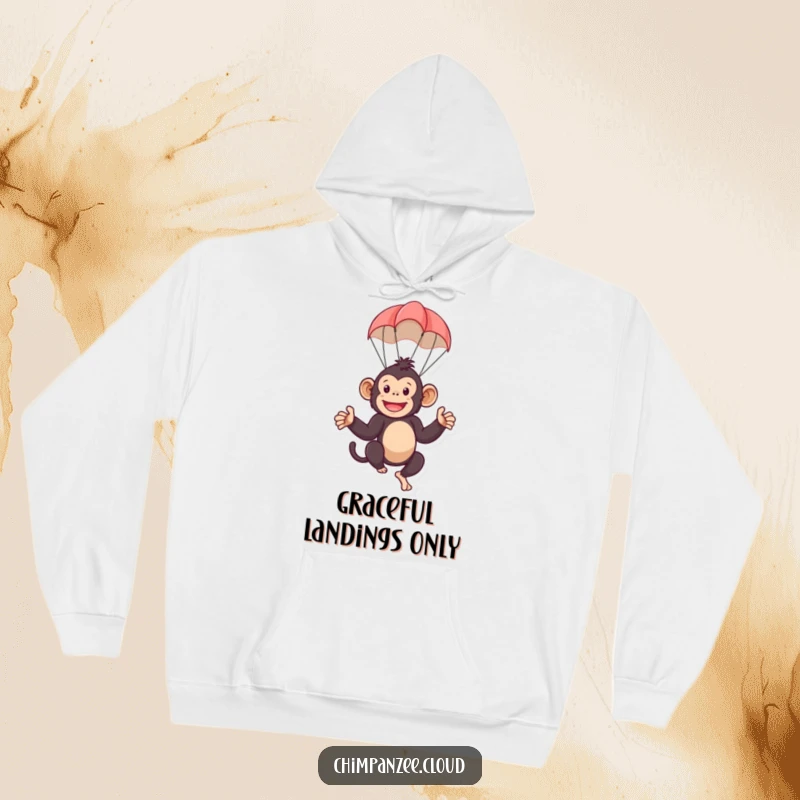 Funny hoodie with a playful chimpanzee character using a tiny parachute, enjoying the fall. A warm and humorous apparel choice.