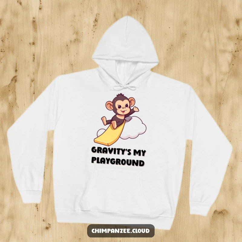 Funny playful chimpanzee hoodie sliding down a cloud like a slide, creating a cozy and humorous scene for adventurous souls.