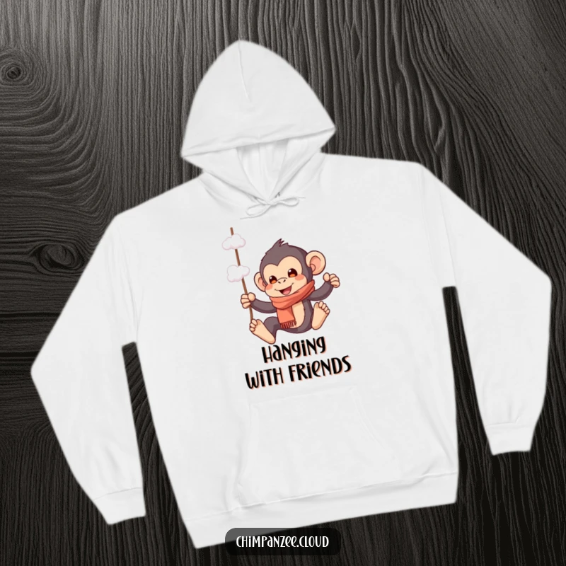 Funny hoodie depicting a playful chimpanzee in a scarf, swinging from cloud wisps, perfect for staying warm and whimsical.