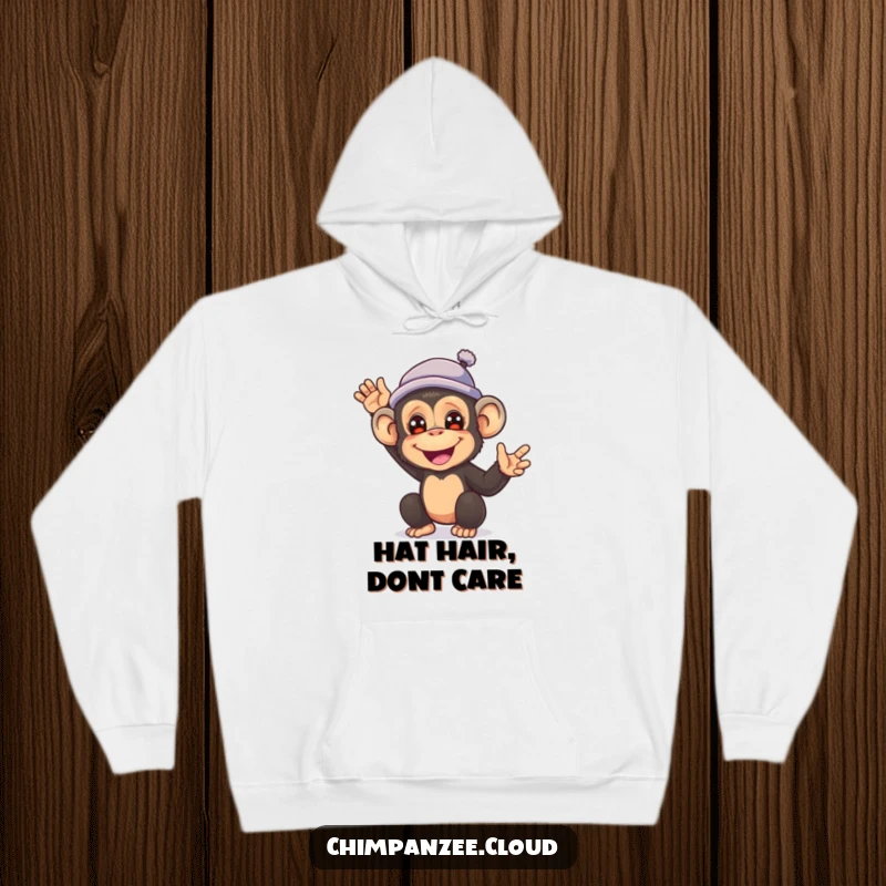 Funny hoodie depicting a happy chimpanzee wearing a tiny hat and waving warmly to onlookers.