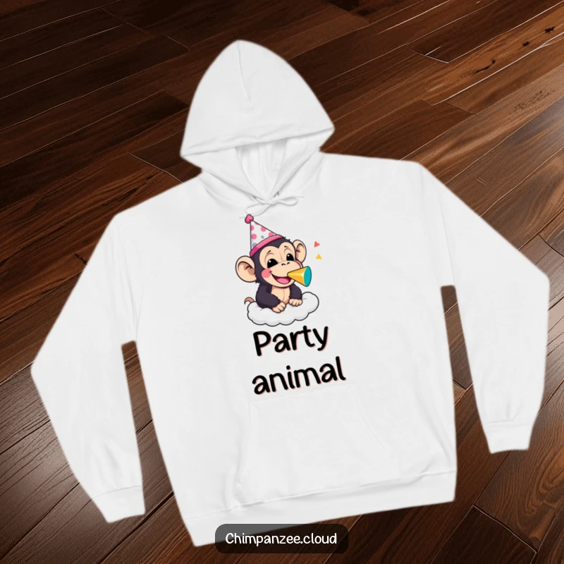 Funny chimpanzee wearing a party hat and blowing a noisemaker on a cloud, featured on a cozy hoodie for warm, festive humor.