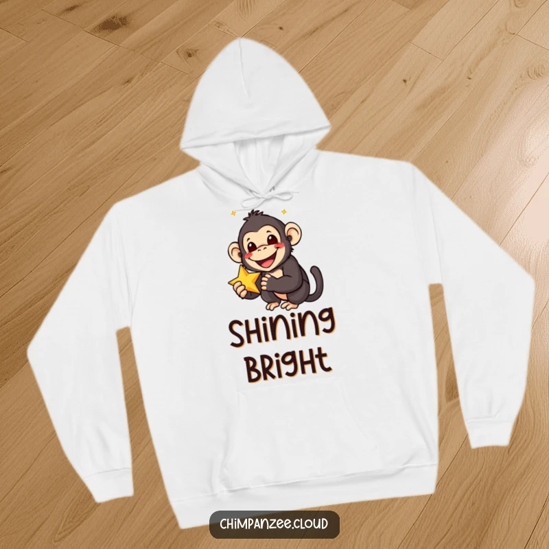 Funny hoodie featuring a smiling chimpanzee with wide eyes, holding a star, perfect for cozy moments filled with delight.