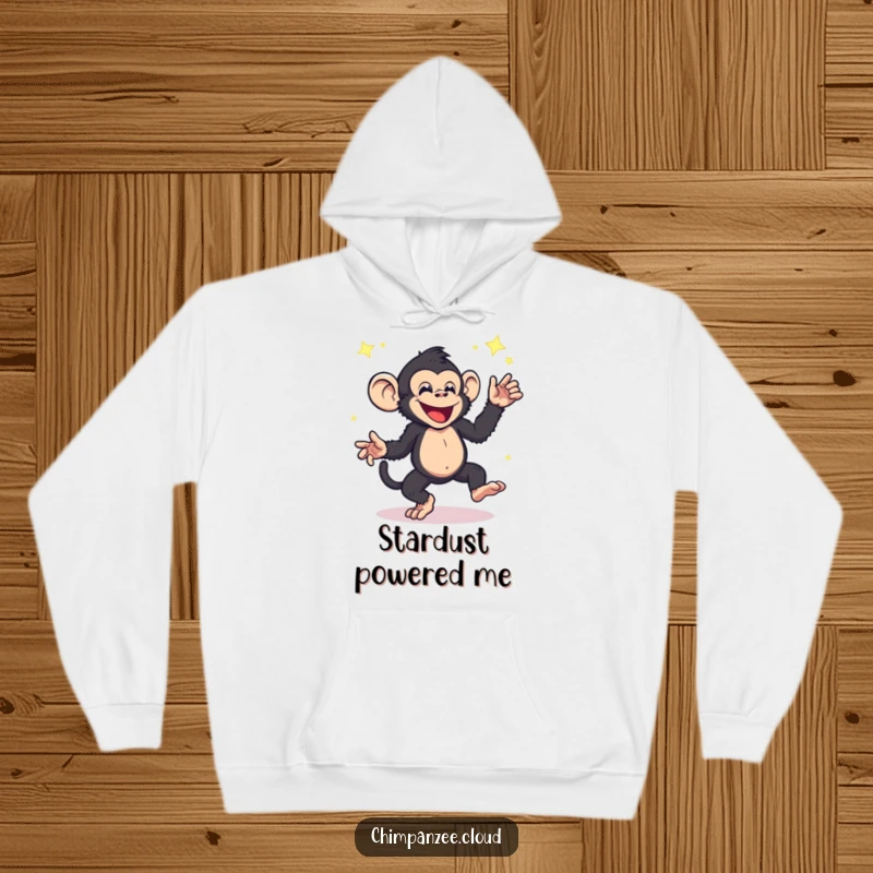 Funny chimpanzee hoodie, energetic character dancing amidst mystical star dust, a comfy and humorous statement piece.