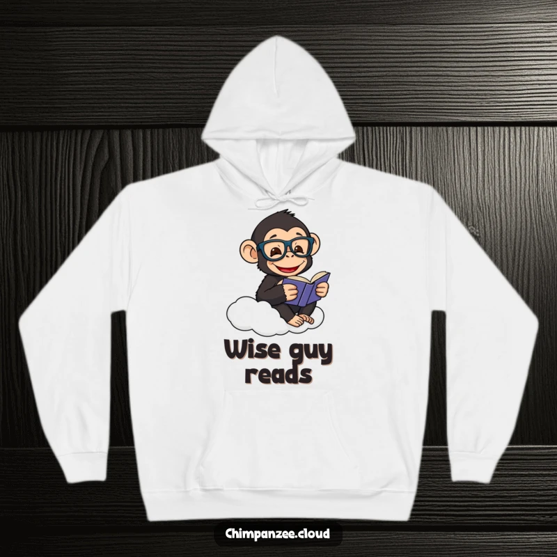 Funny hoodie with a happy chimpanzee in glasses, reading a book while comfortably seated on a cloud.