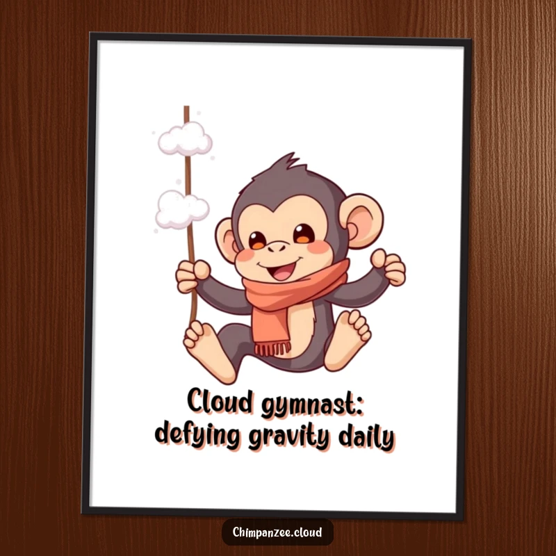 Funny Free Printable Wall Art: Playful chimpanzee in scarf swinging from cloud wisps, looking joyful and free.