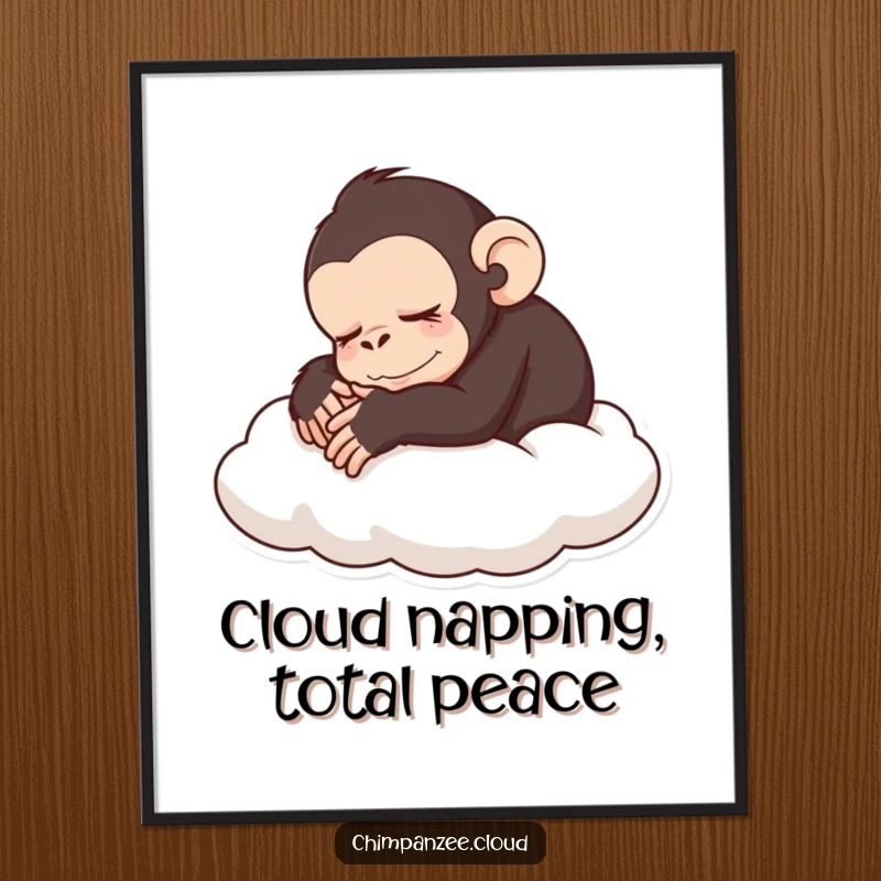 Funny Free Printable Wall Art: A chimpanzee character peacefully sleeping, curled up on a soft, fluffy cloud.