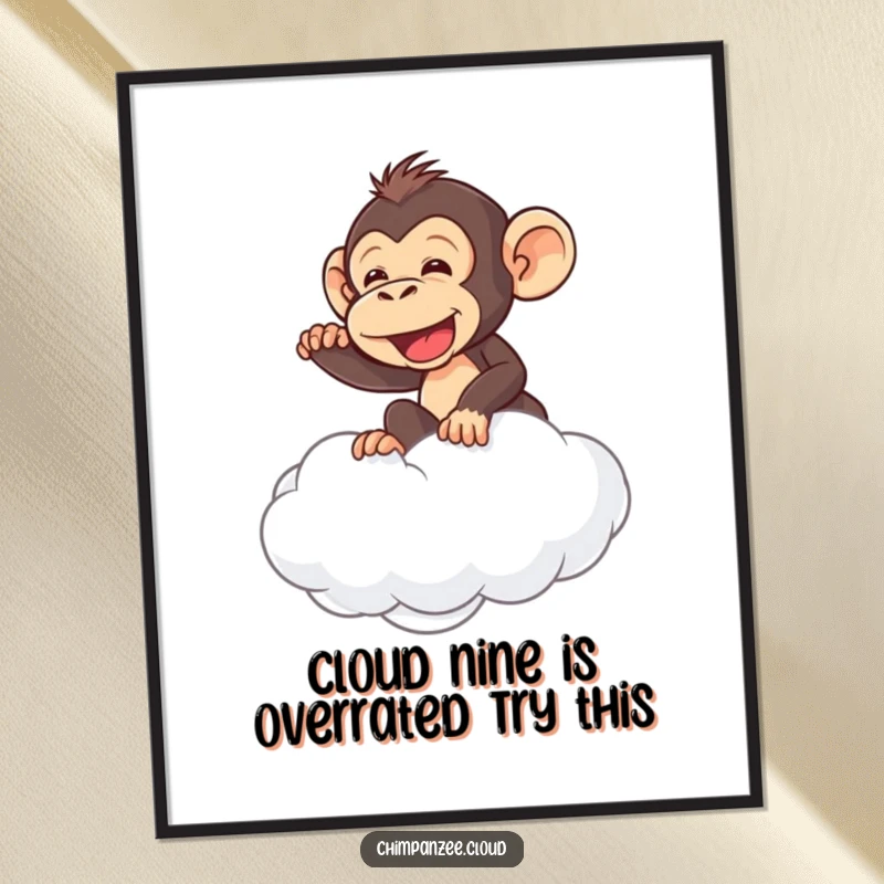 Funny Free Printable Wall Art: Mischievous chimpanzee humorously tries to ride a fluffy cloud, creating quirky decor.